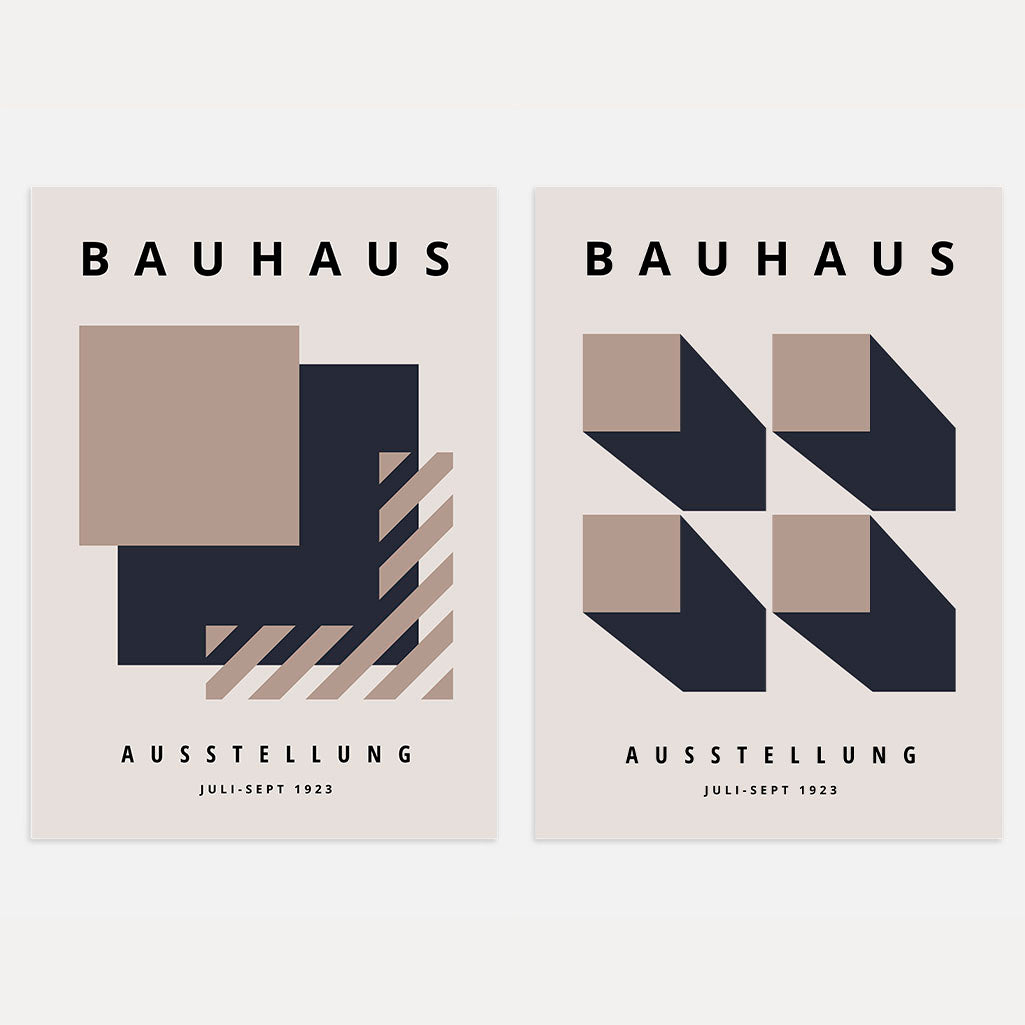 Set mit 2 Bauhaus-Postern, Beige, Marineblau, Geometrisch