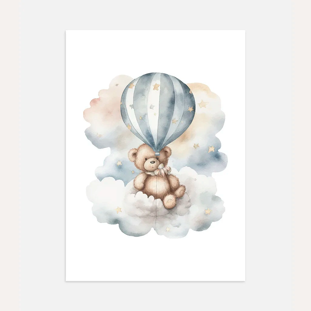 Teddybär auf einer Wolke mit Ballon und Sternen Poster