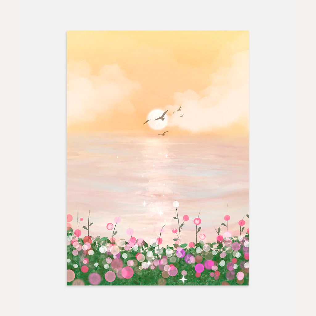 Poster „Sonnenuntergang über der Blumenwiese“