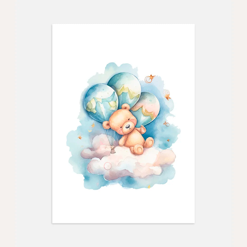 Aquarellposter eines Teddybären auf einer Wolke mit drei Ballons
