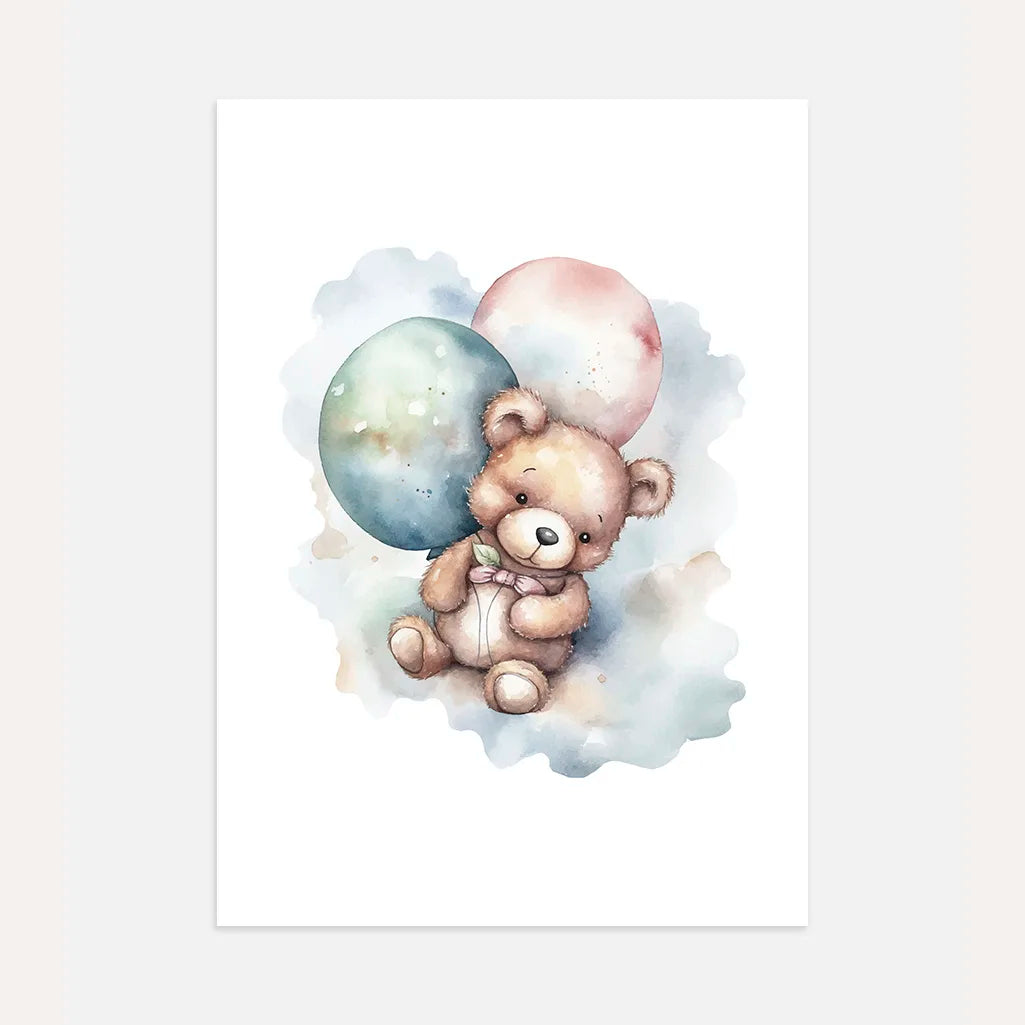 Aquarellposter: Teddybär mit Luftballons in Pastellfarben