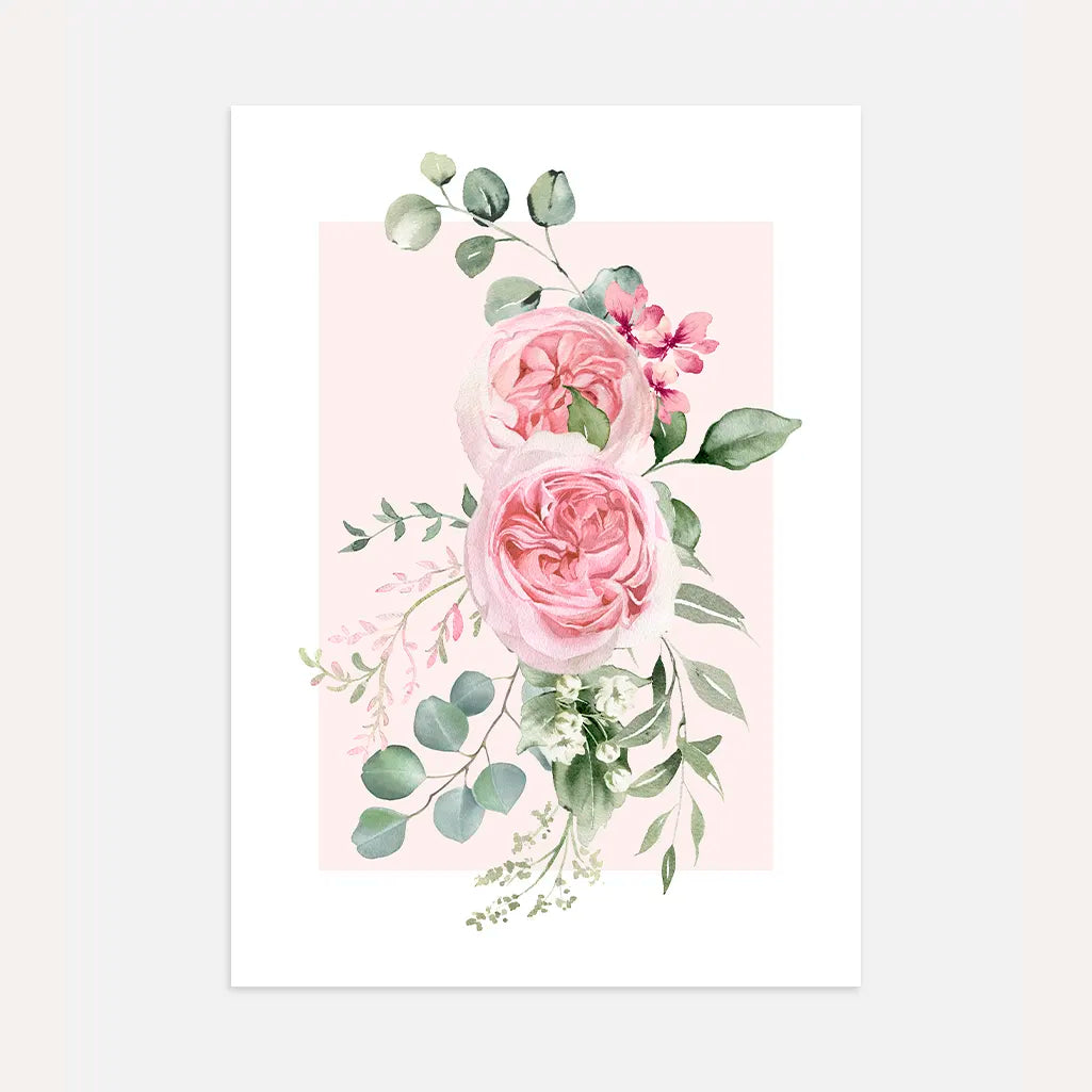 Poster mit pastellfarbenen Rosen und Eukalyptus