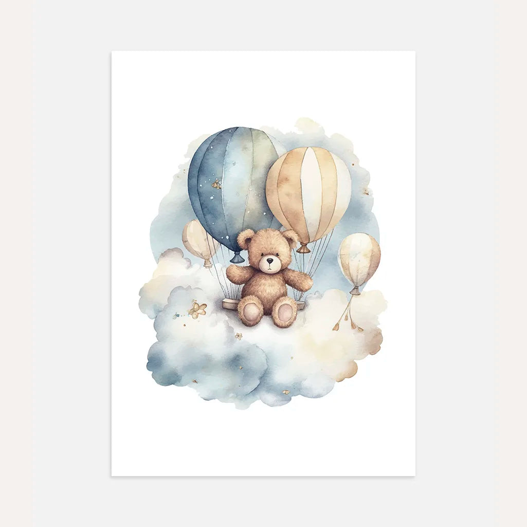 Teddybär auf einer Wolke mit Luftballons Poster