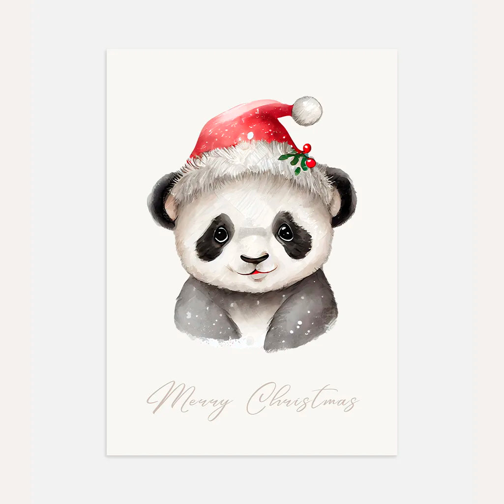 Poster mit einem süßen Panda in einer Weihnachtsmütze