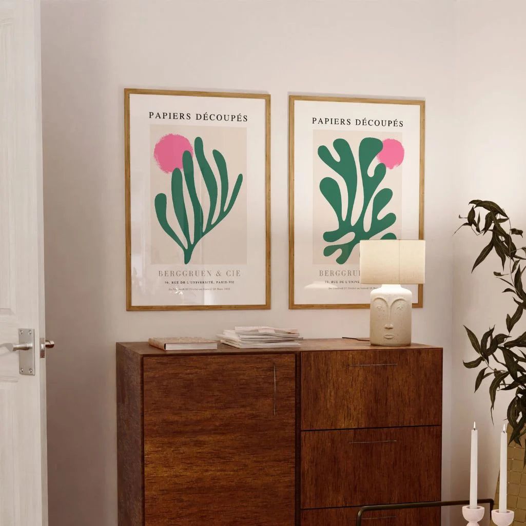 Set mit 2 Matisse-Postern – Grüne Ausschnitte mit rosa Akzenten 
