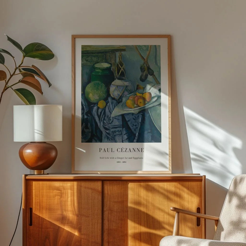 Paul Cézanne – Stillleben mit Ingwertopf und Auberginen Poster(1893–1894)