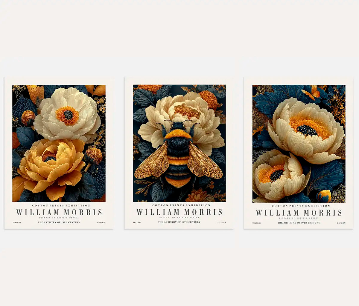 Poster inspiriert von William Morris – Set aus 3 Stück „Goldene Blumen und Natur”
