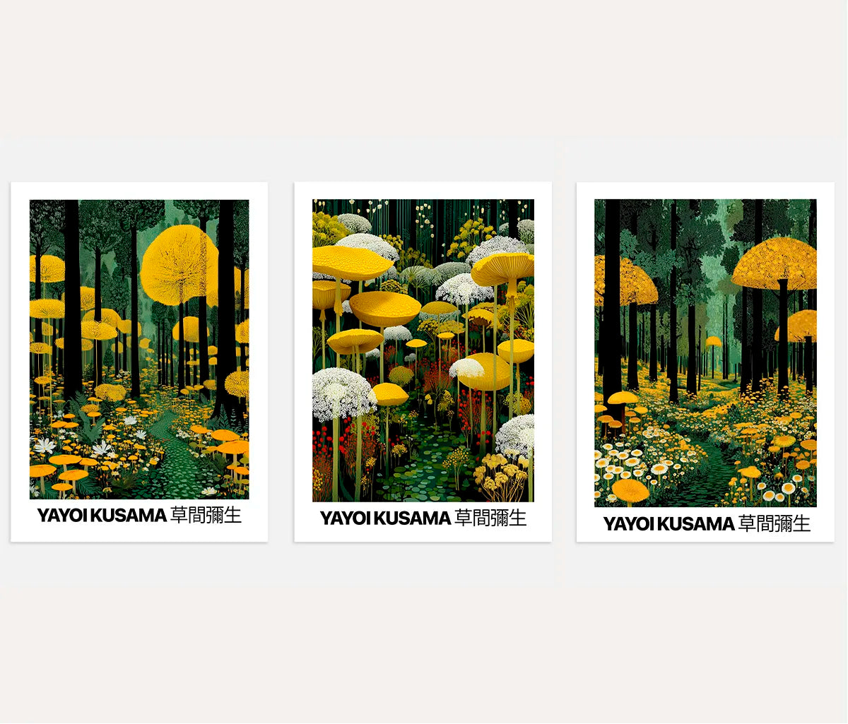 Botanischer Wald Poster – 3er-Set in Grün & Gelb