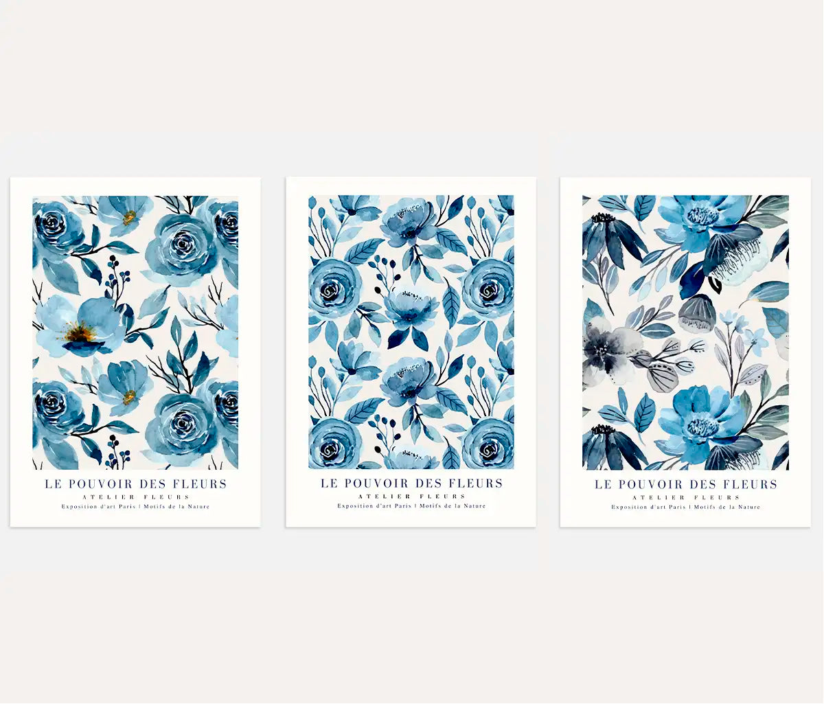 Blaue Aquarell Blumen Poster – 3er-Set