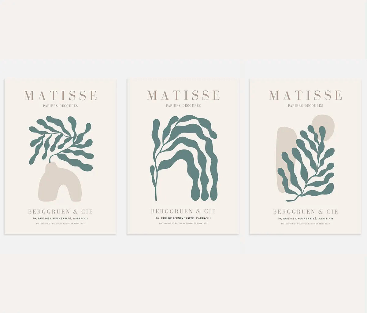Henri-Matisse-Poster – Set aus 3 Stück „Grün-Beige Harmonie organischer Formen”