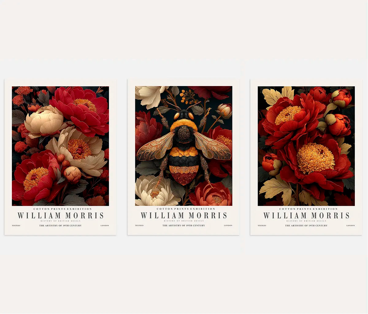 Poster inspiriert von William Morris – Set aus 3 Stück „Pfingstrosen, Biene und Ornament”