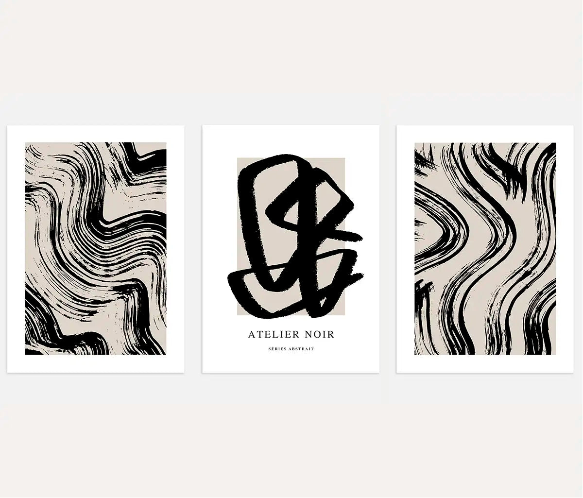 Atelier Noir – Set aus 3 abstrakten Postern – Schwarz-Beige Grafik