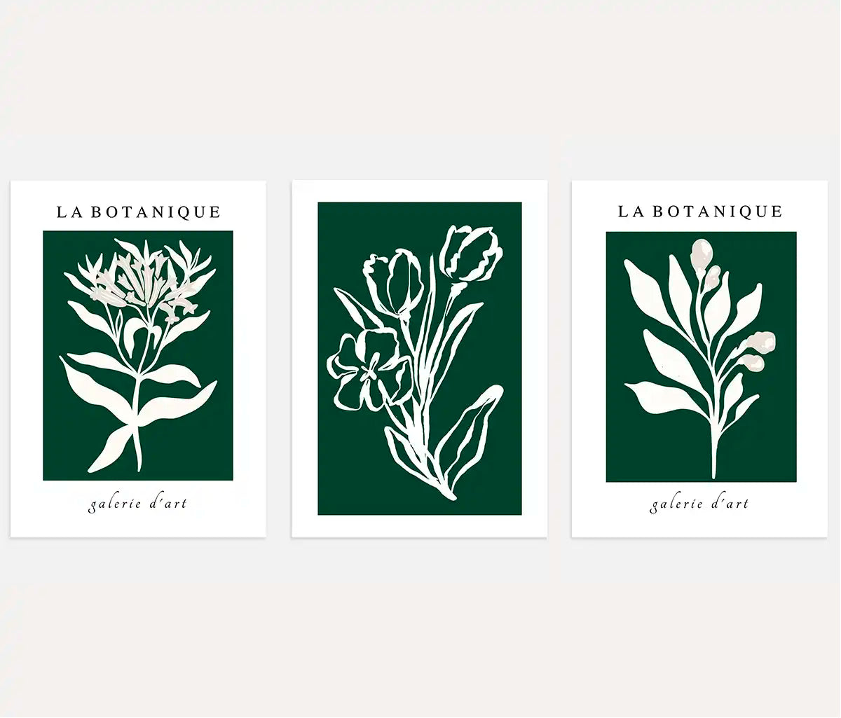 Grüne Botanicals in Weiß – Poster Set (3er)