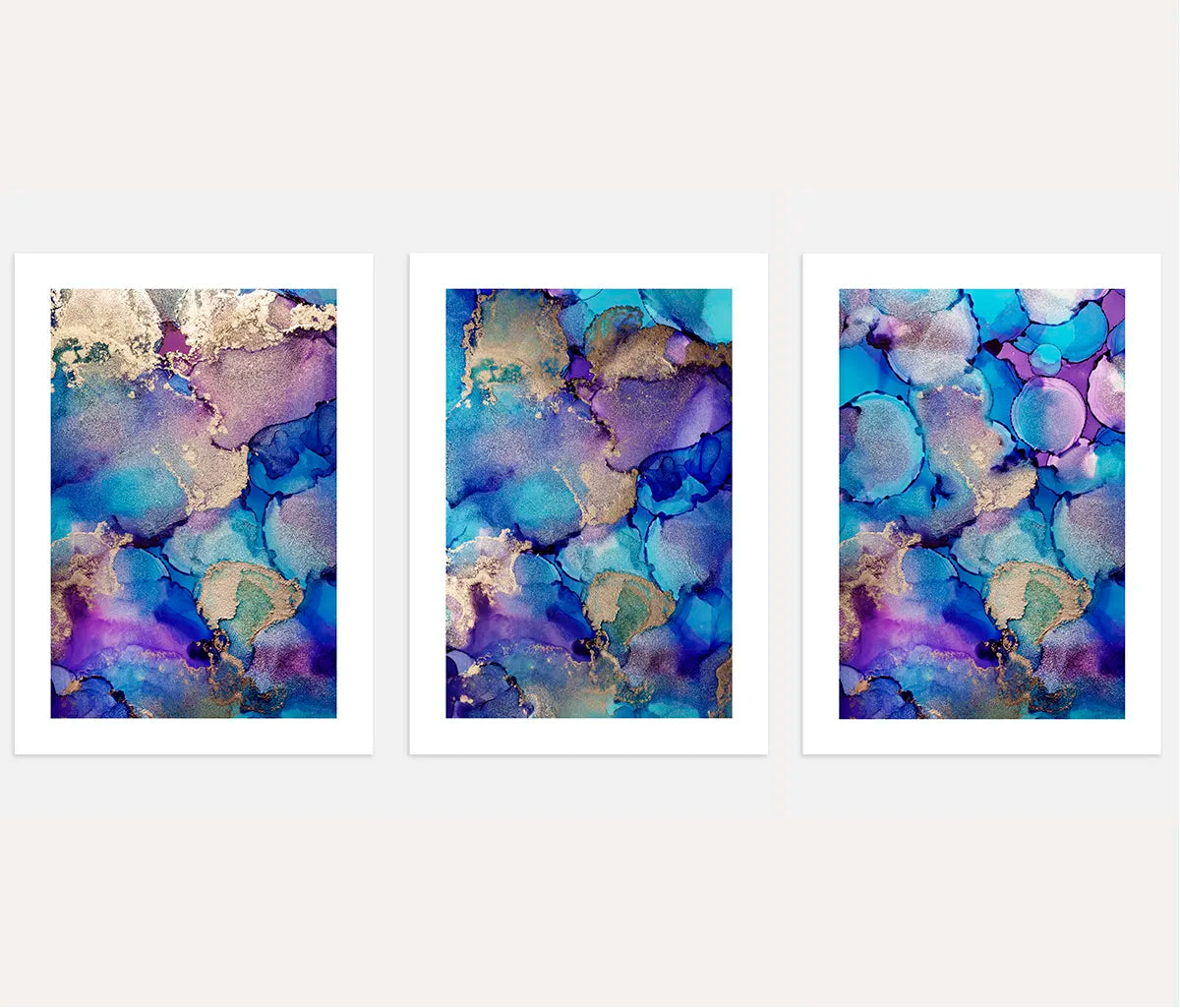Blau-Lila Alcohol Ink Poster – 3er-Set mit Goldakzent