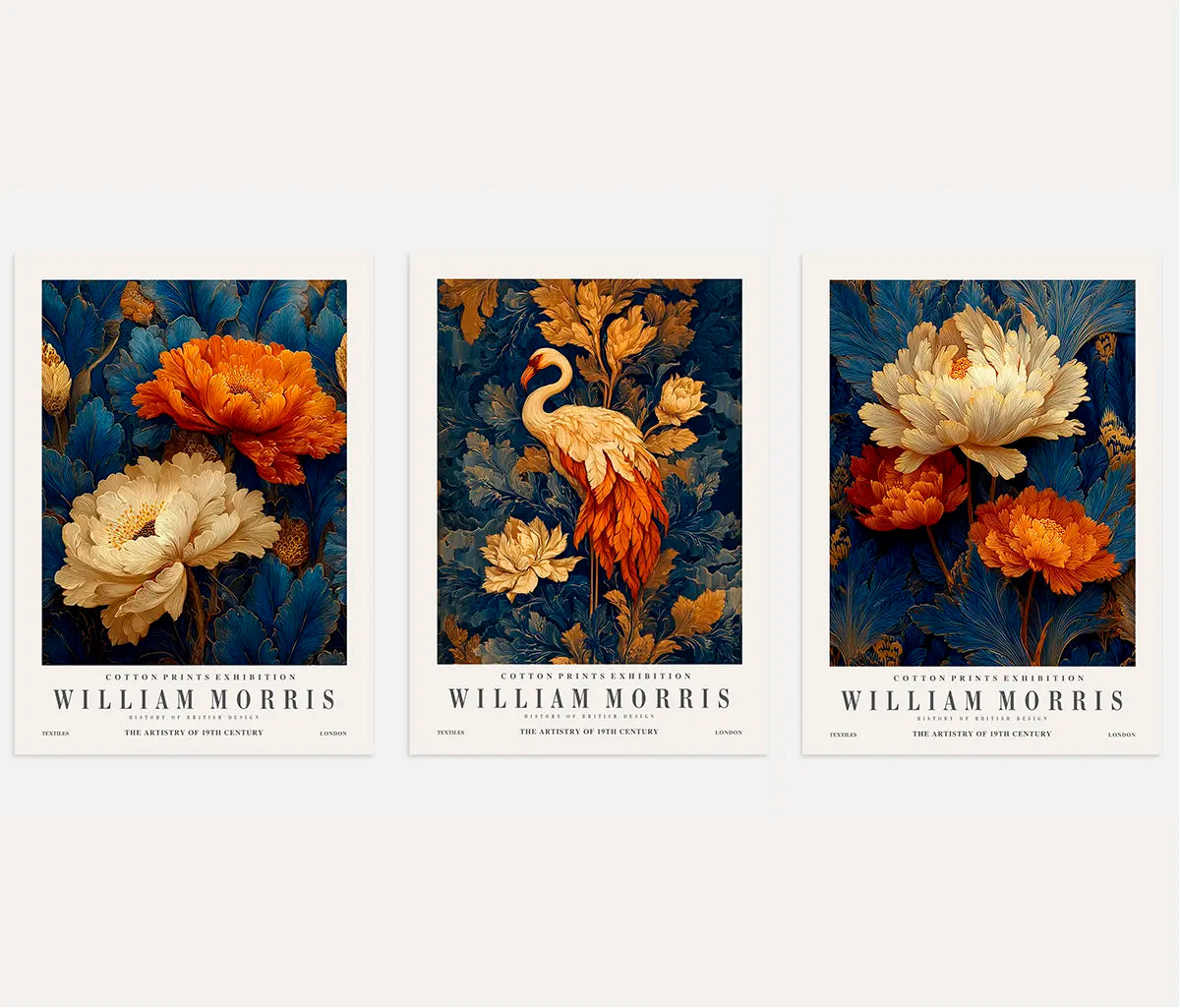 Poster inspiriert von William Morris – Set aus 3 Stück „Flamingo und Blumen in Ornamenten der Natur”