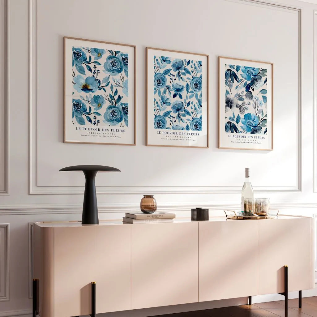 Blaue Aquarell Blumen Poster – 3er-Set