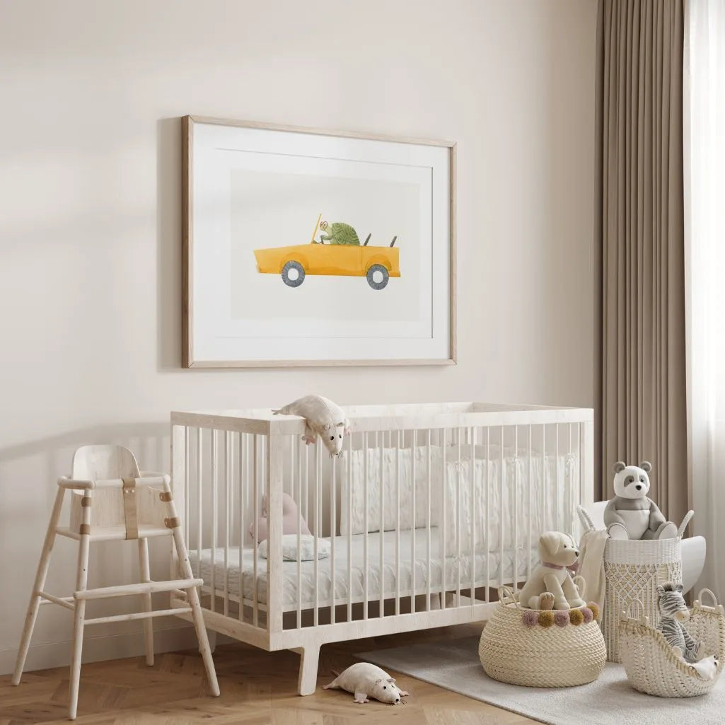 Poster „Schildkröte im gelben Auto“