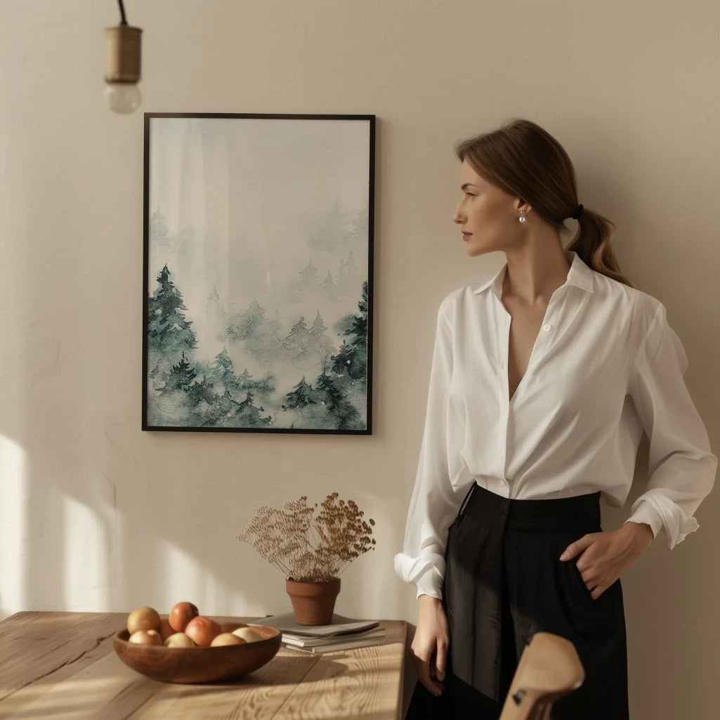 Poster „Nebeliger Aquarellwald“