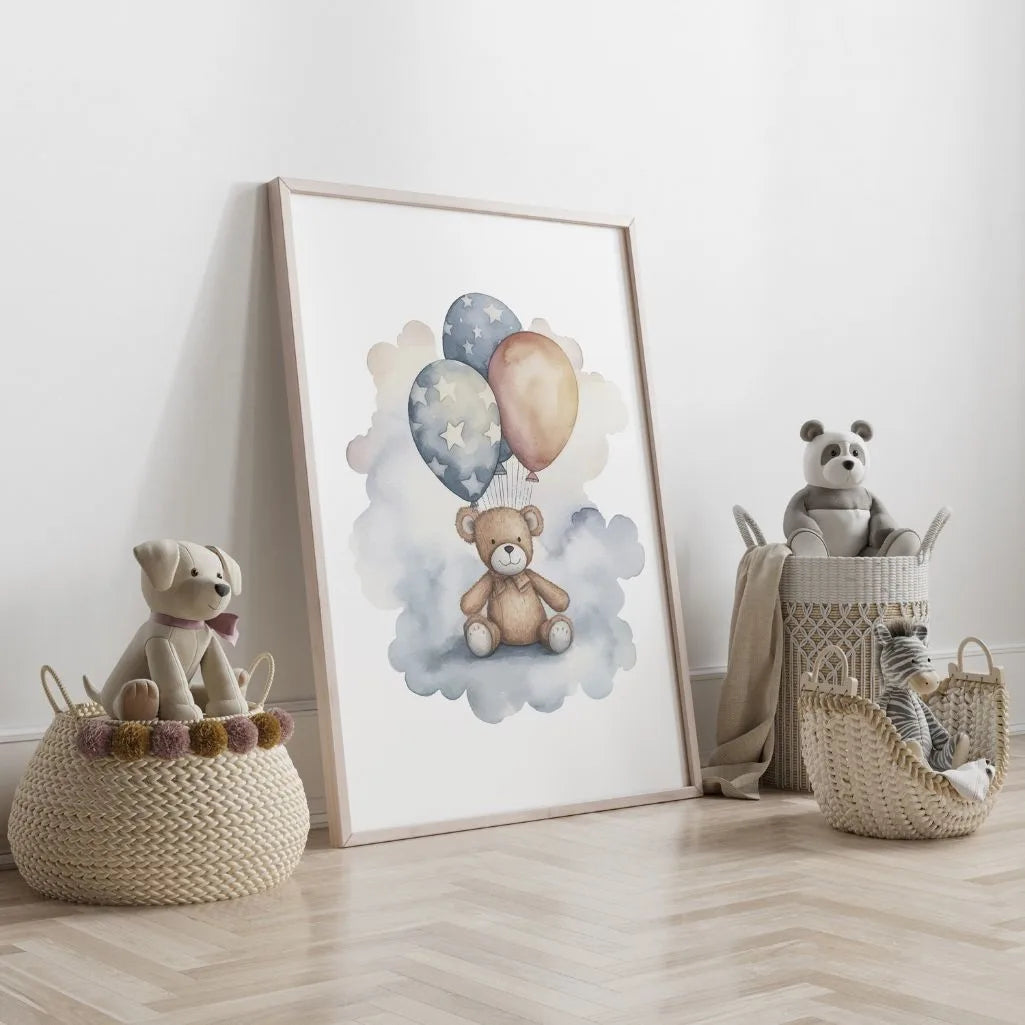 Aquarellposter eines Teddybären auf einer Wolke mit Sternenballons