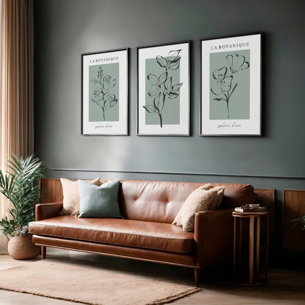 Salbeigrüne Botanical Line Art – Poster Set (3er)
