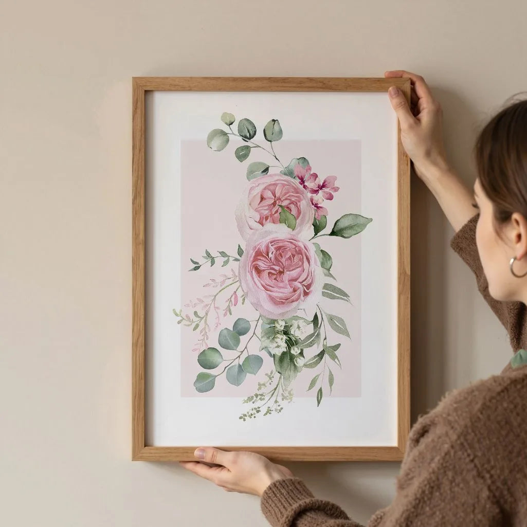 Poster mit pastellfarbenen Rosen und Eukalyptus