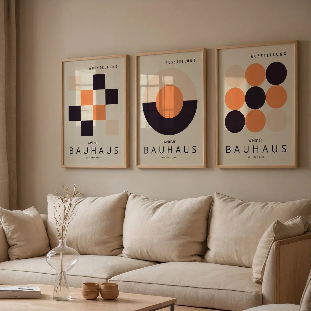 Bauhaus-Poster – Set aus 3 Stück „Beige, Schwarz & Orange Weimar“
