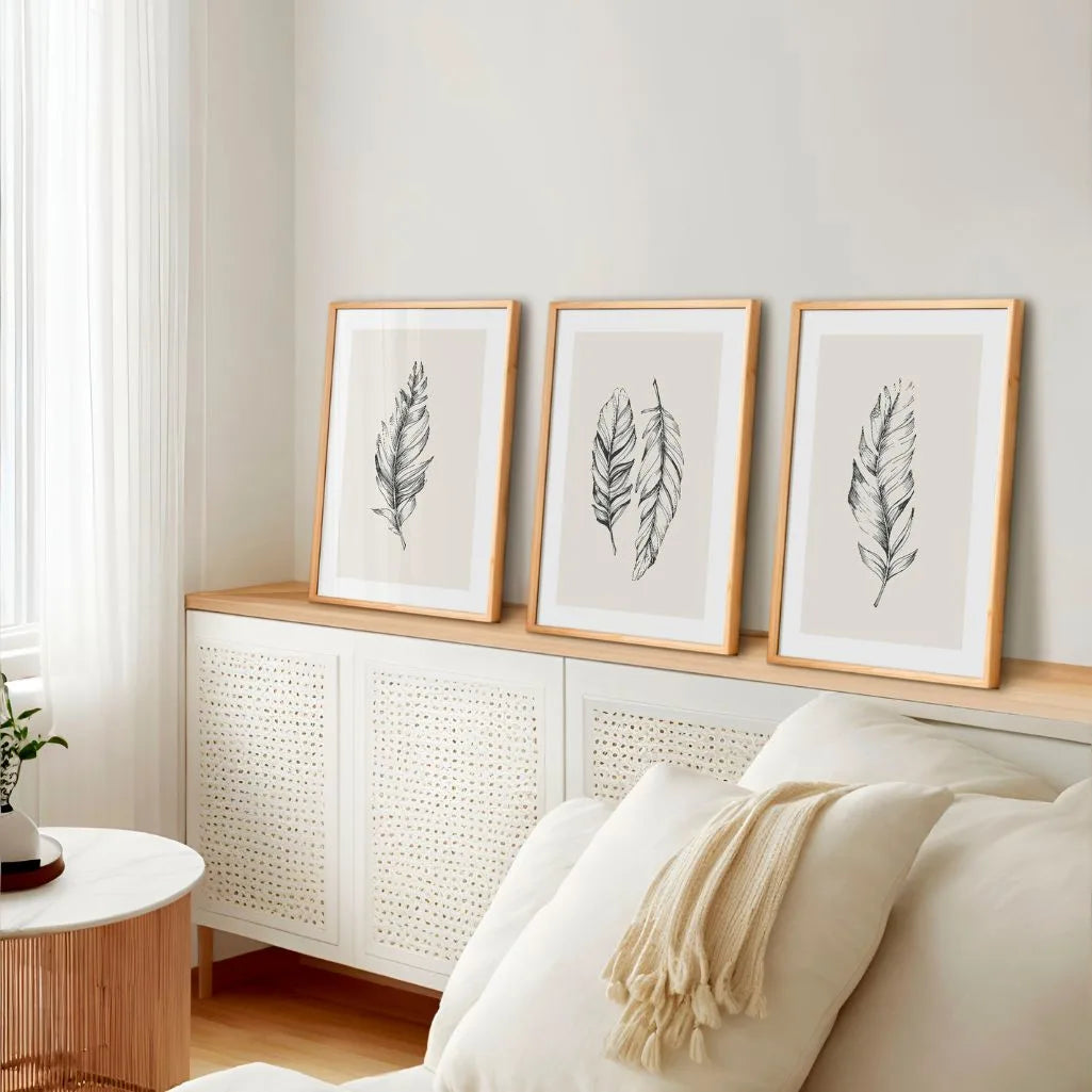 Federn Line Art Poster – 3er-Set Neutral