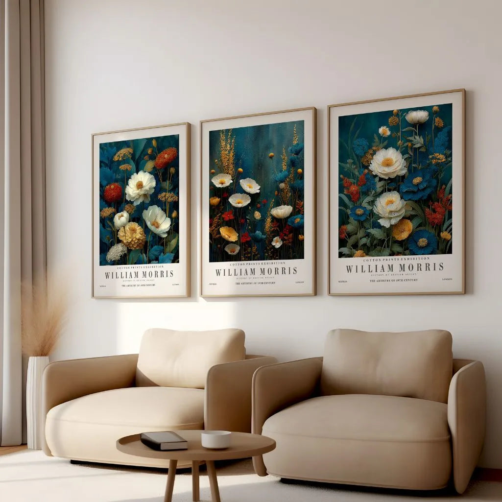 Poster inspiriert von William Morris – Set aus 3 Stück „Blauer Garten und Goldene Blumen”