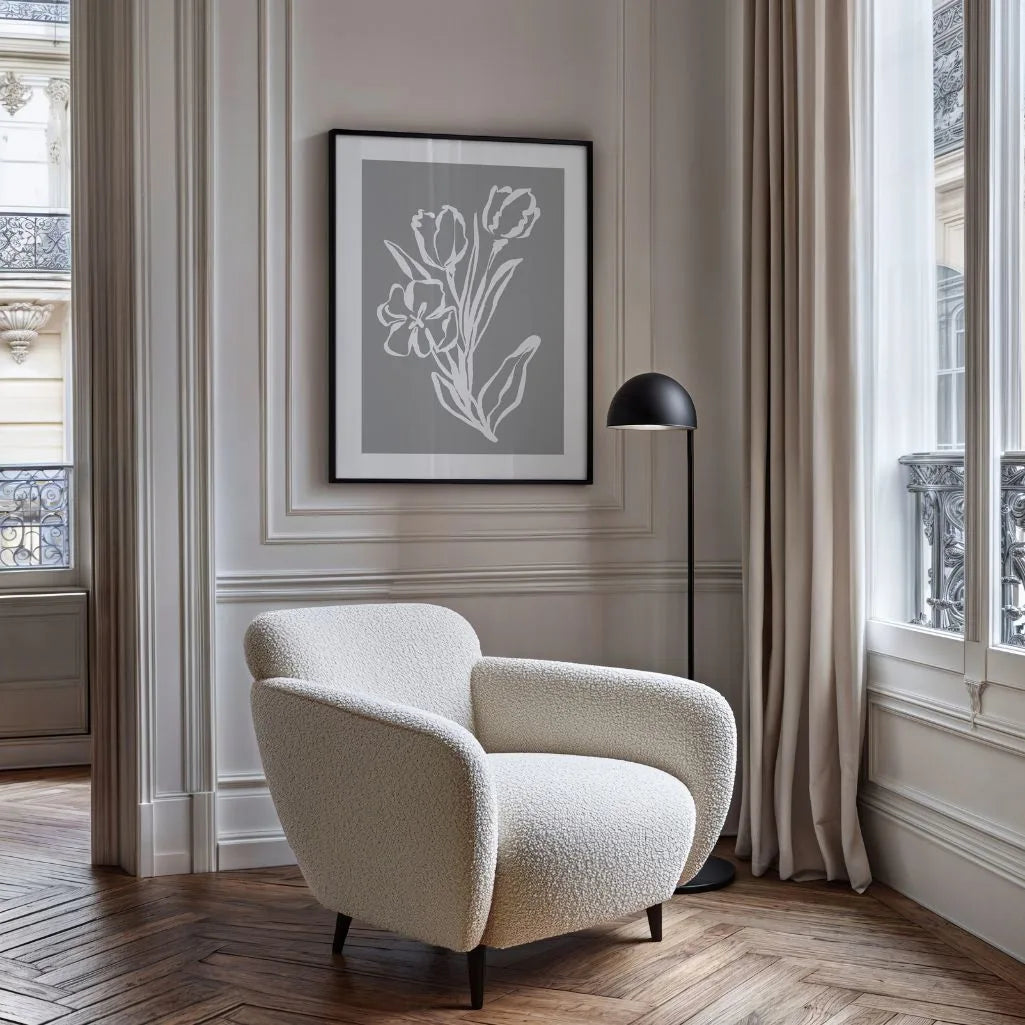 Blumen-Linienzeichnung, graues Poster