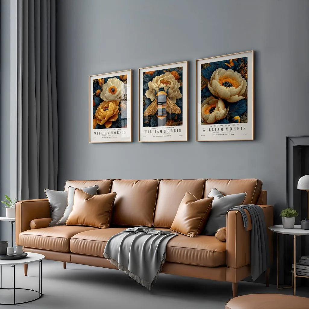 Poster inspiriert von William Morris – Set aus 3 Stück „Goldene Blumen und Natur”