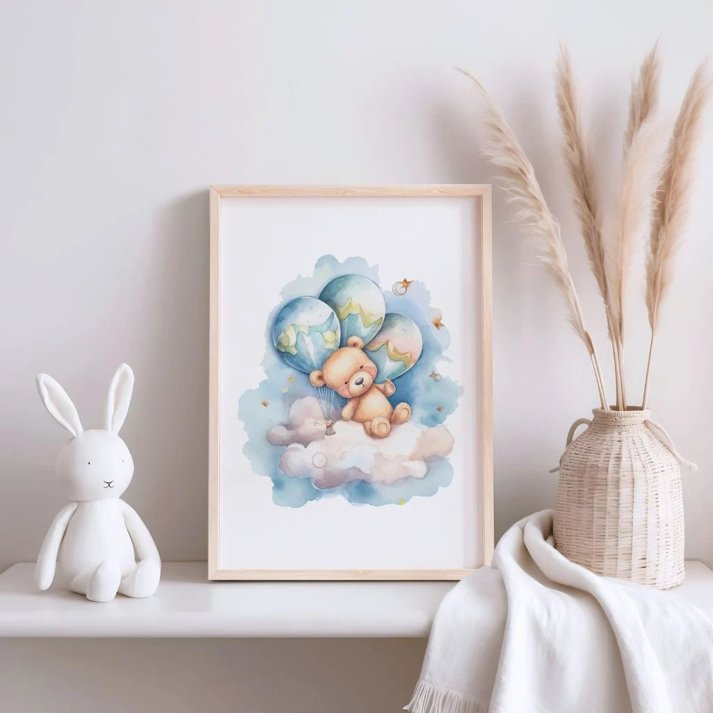 Aquarellposter eines Teddybären auf einer Wolke mit drei Ballons