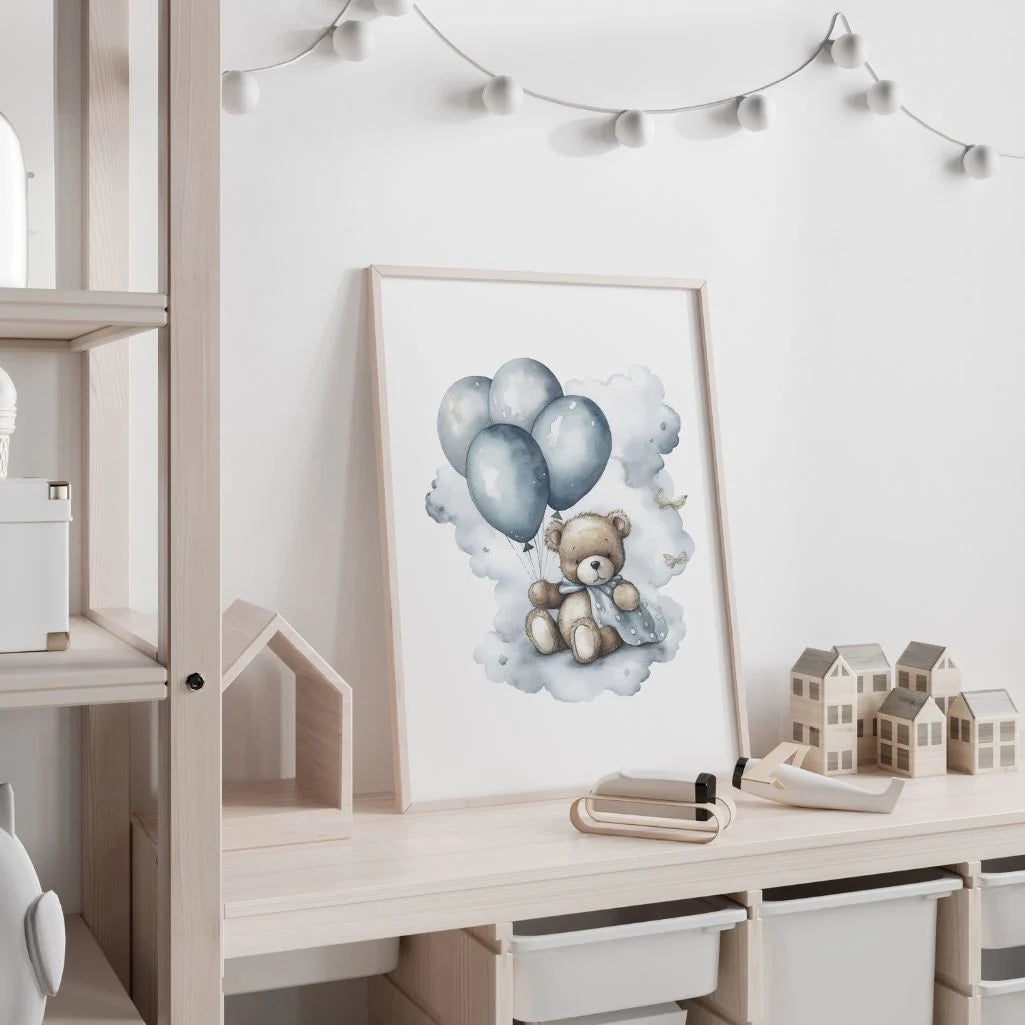 Teddybär mit Luftballons in den Wolken Poster