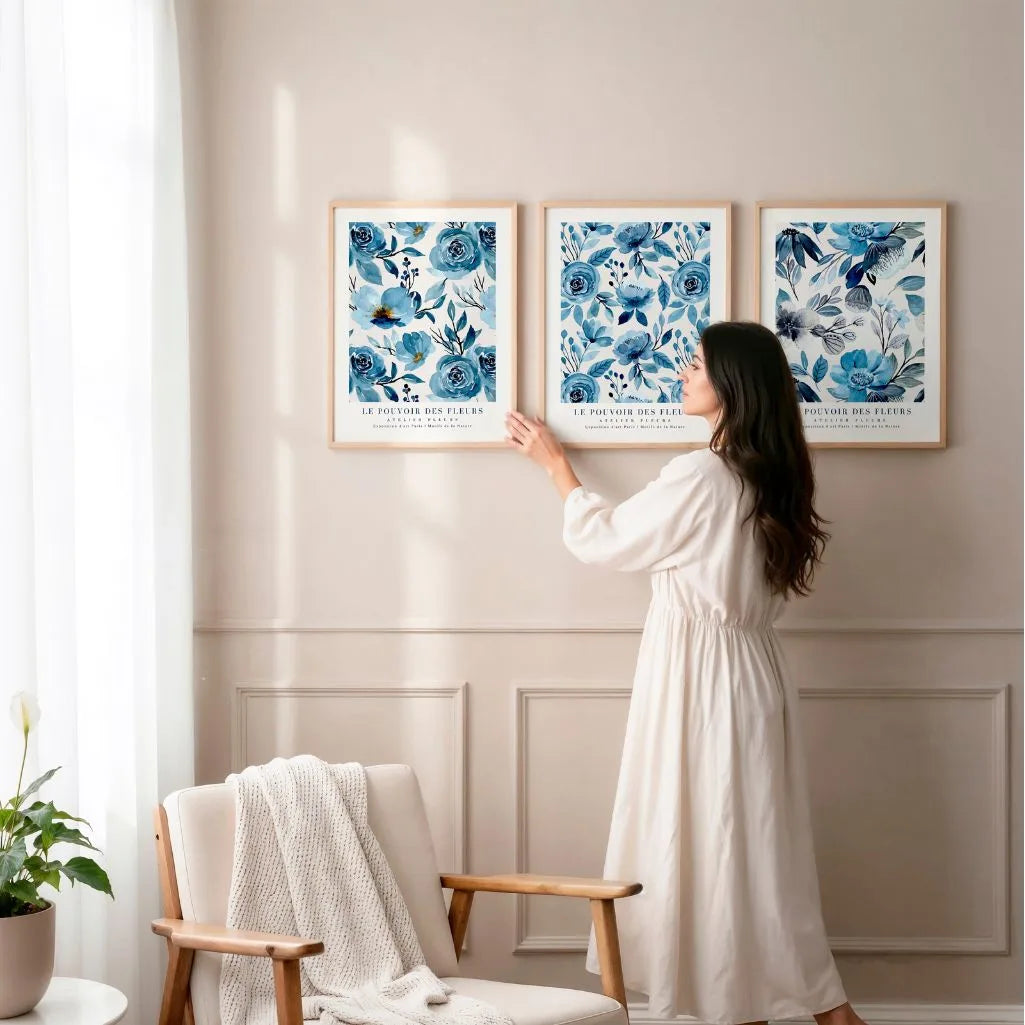 Blaue Aquarell Blumen Poster – 3er-Set