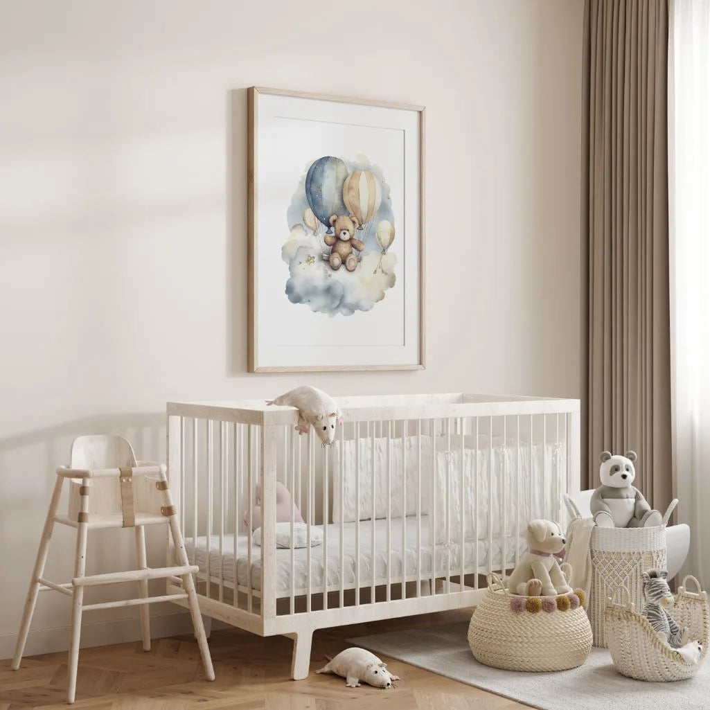 Teddybär auf einer Wolke mit Luftballons Poster