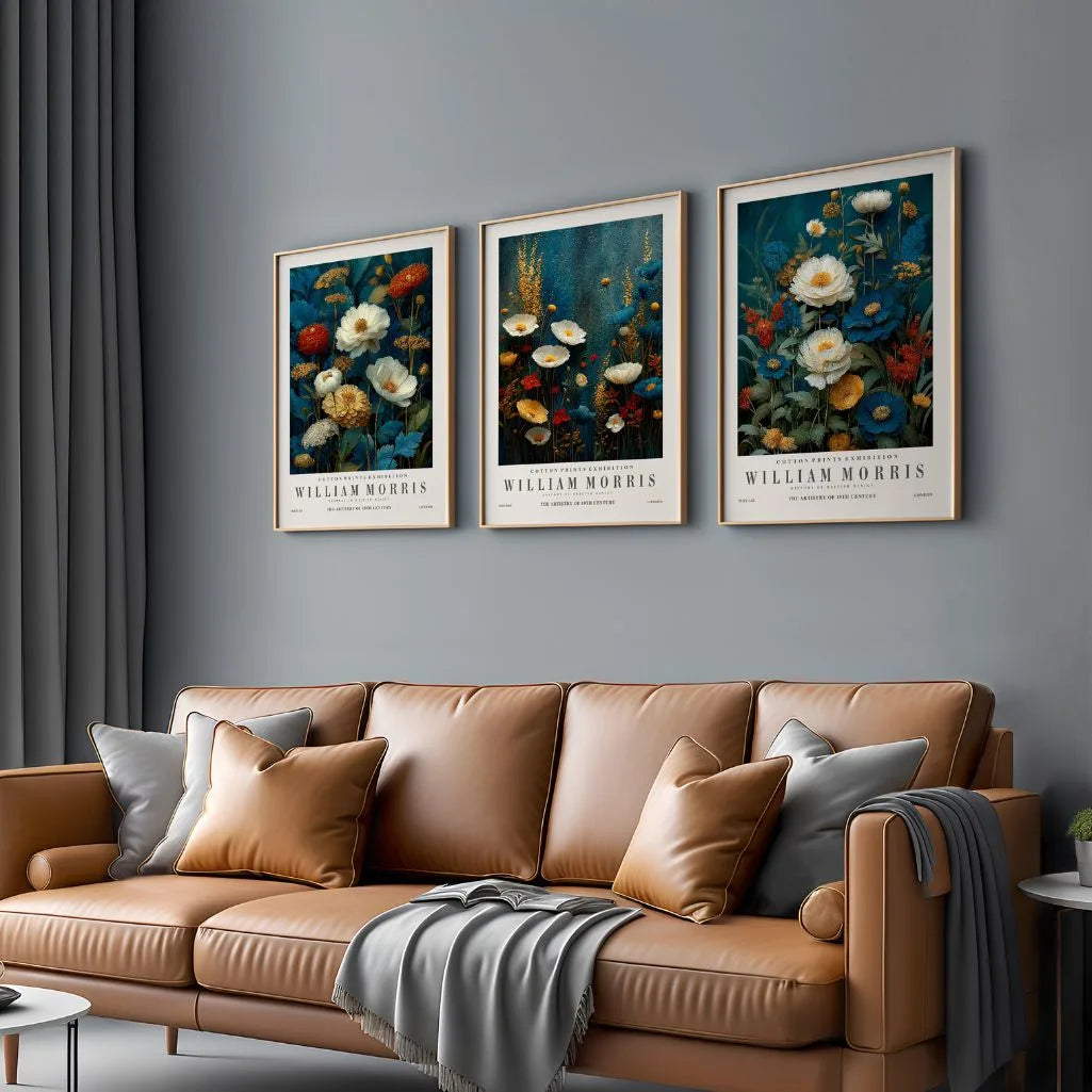 Poster inspiriert von William Morris – Set aus 3 Stück „Blauer Garten und Goldene Blumen”