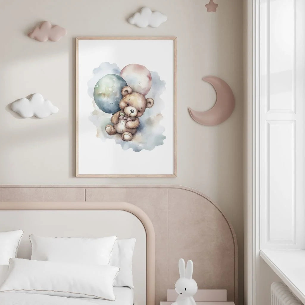 Aquarellposter: Teddybär mit Luftballons in Pastellfarben
