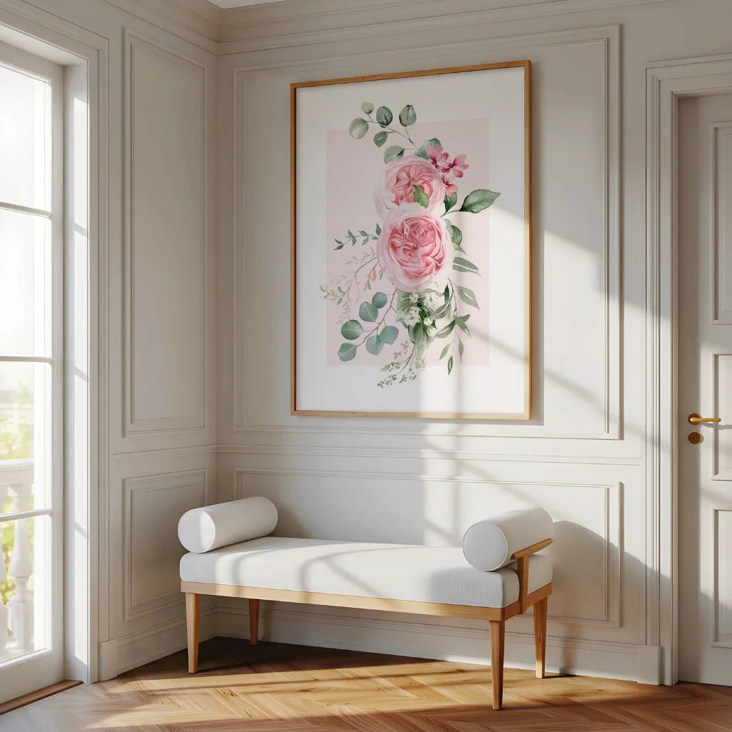 Poster mit pastellfarbenen Rosen und Eukalyptus