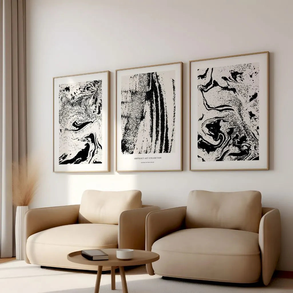 Abstract Noir – Set aus 3 abstrakten Kunstdrucken in Schwarz & hellem Beige – Minimalistische Wandkunst