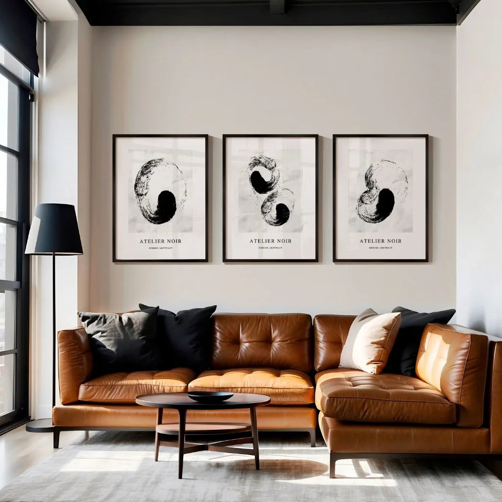 Atelier Noir – Set aus 3 abstrakten Kunstdrucken – Minimalistische Wandkunst in Schwarz & Hellgrau