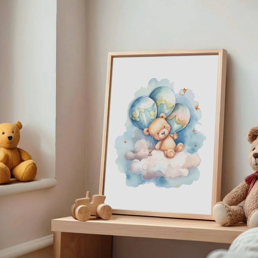 Aquarellposter eines Teddybären auf einer Wolke mit drei Ballons