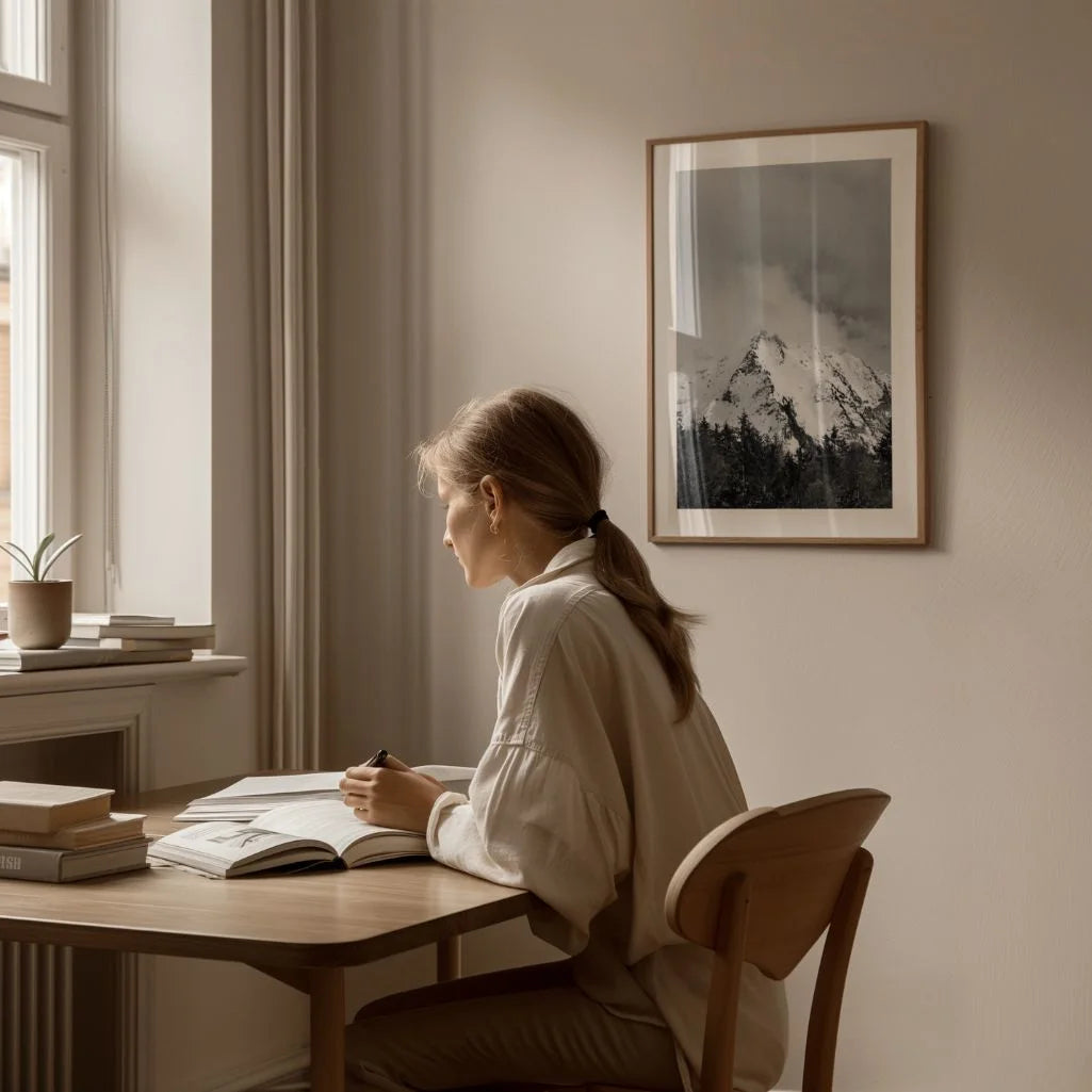Schwarze und weiße Berge im Nebel – Poster