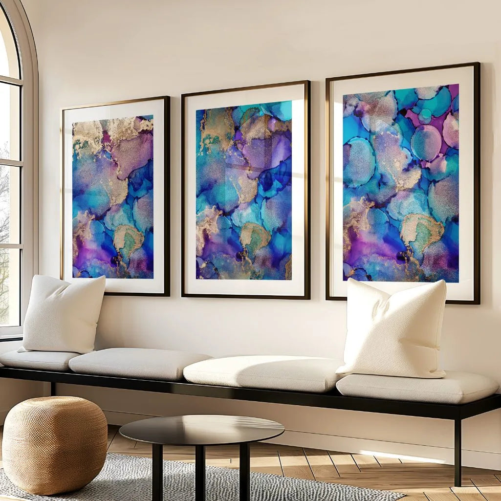 Blau-Lila Alcohol Ink Poster – 3er-Set mit Goldakzent