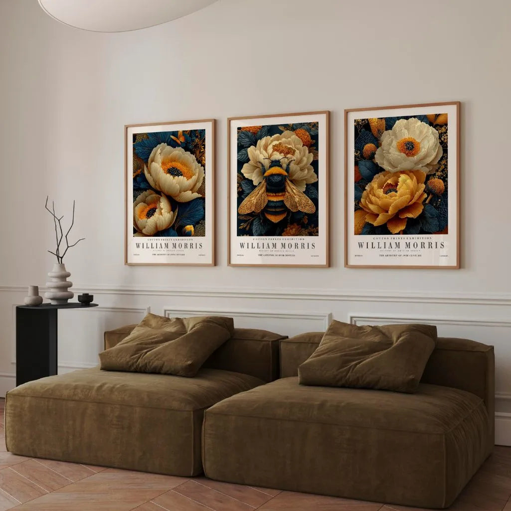 Poster inspiriert von William Morris – Set aus 3 Stück „Goldene Blumen und Natur”