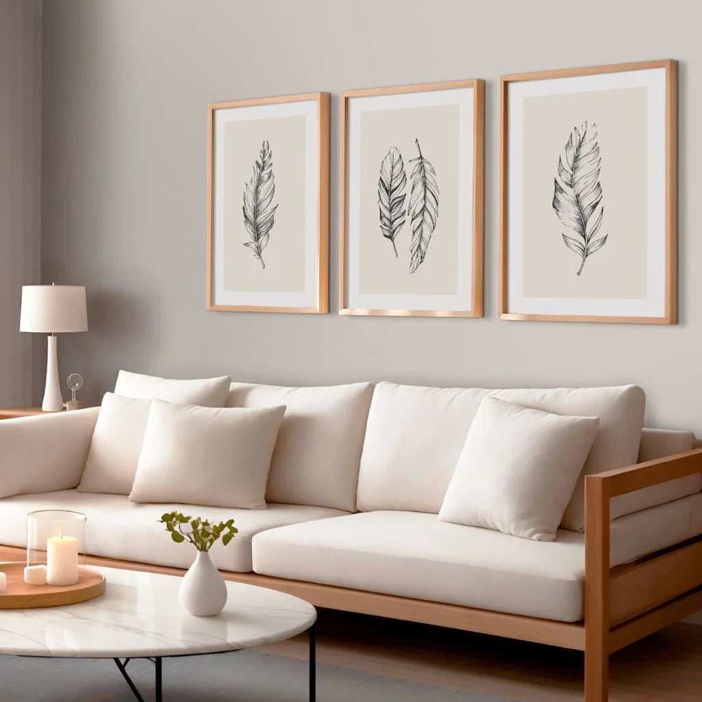 Federn Line Art Poster – 3er-Set Neutral