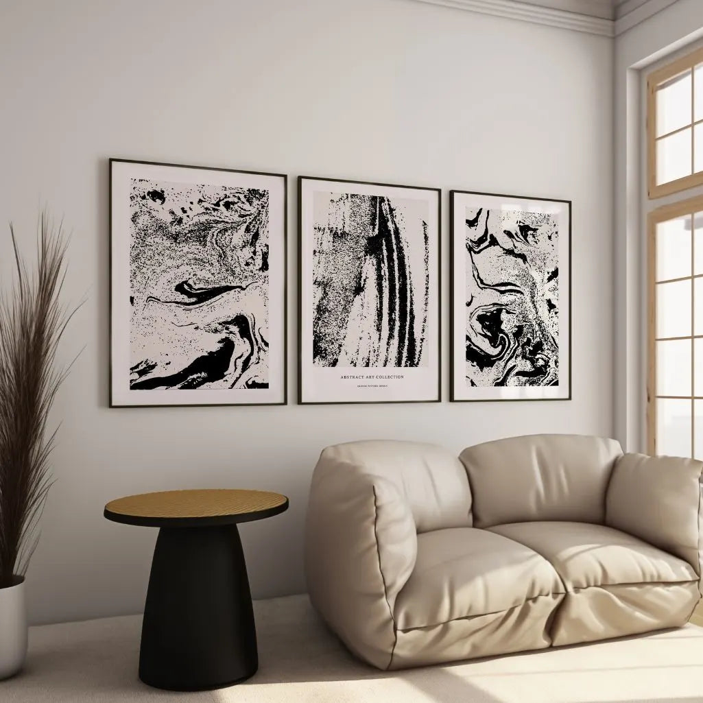Abstract Noir – Set aus 3 abstrakten Kunstdrucken in Schwarz & hellem Beige – Minimalistische Wandkunst