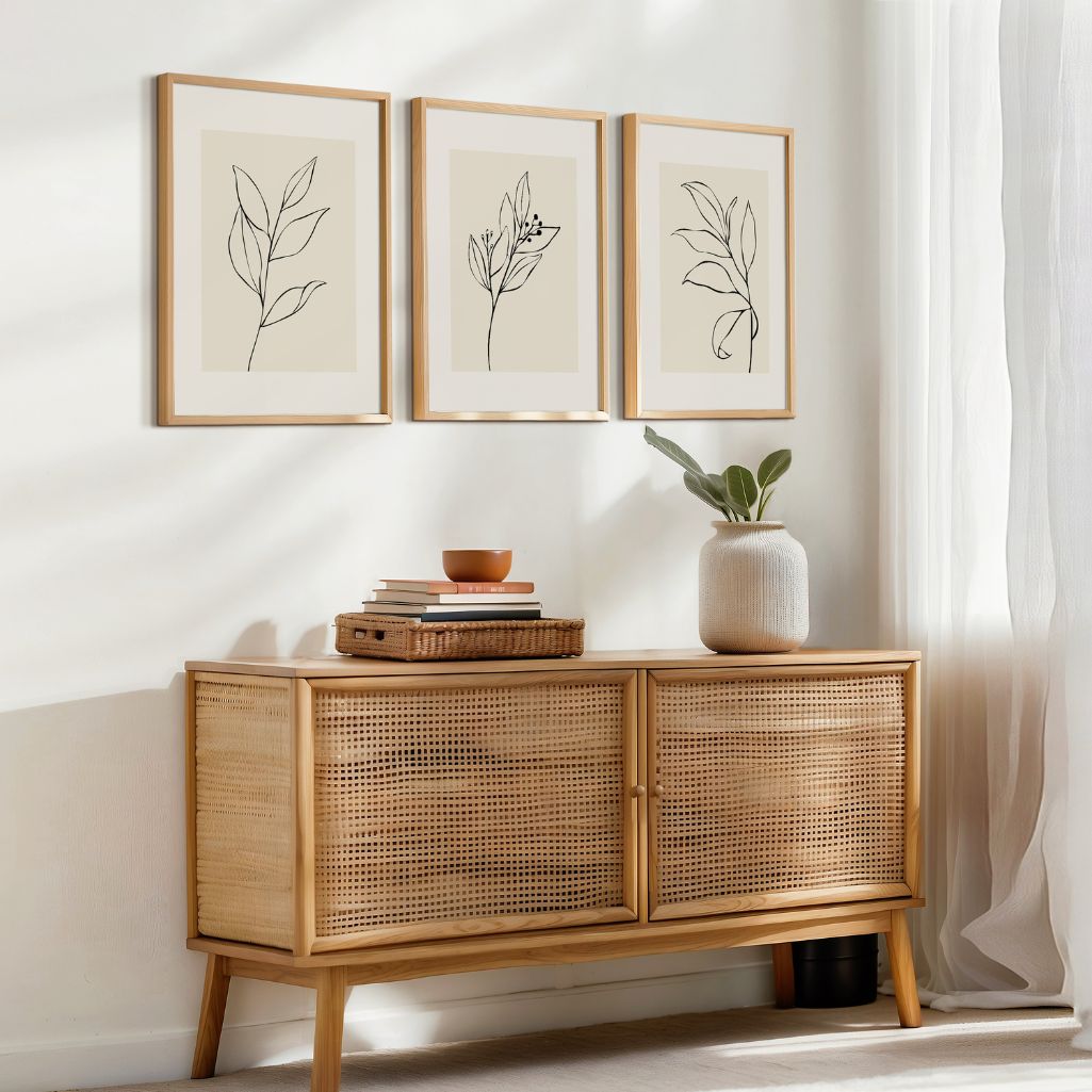 Botanische Line Art Poster – 3er-Set Beige