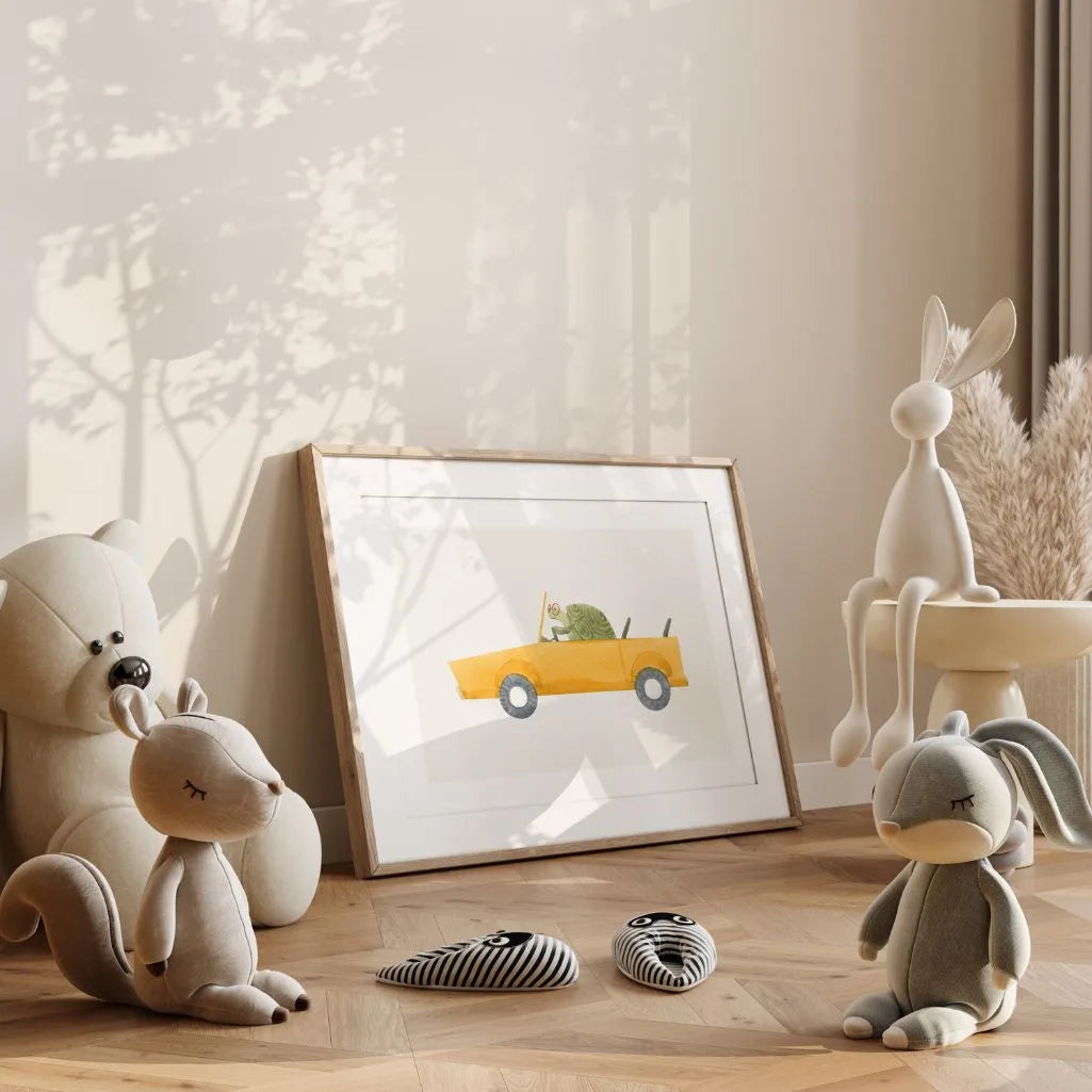 Poster „Schildkröte im gelben Auto“