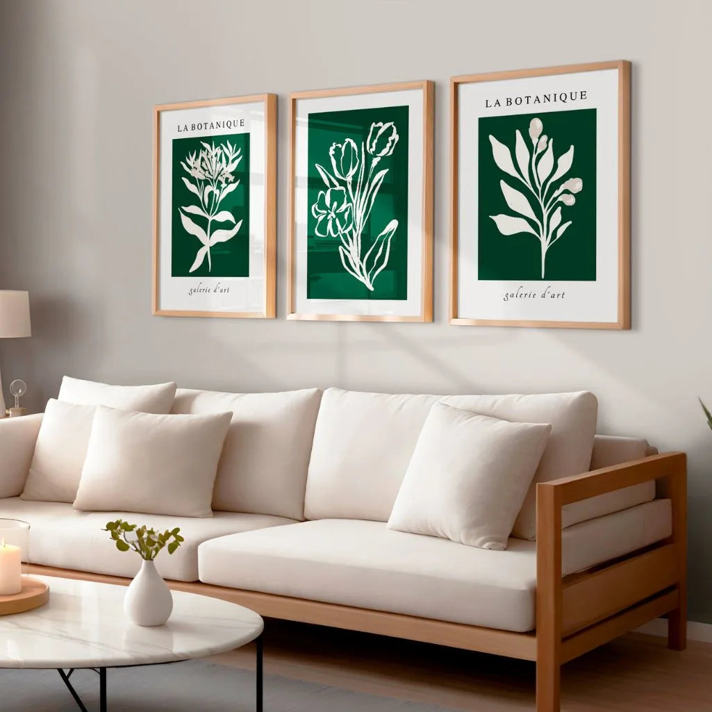 Grüne Botanicals in Weiß – Poster Set (3er)