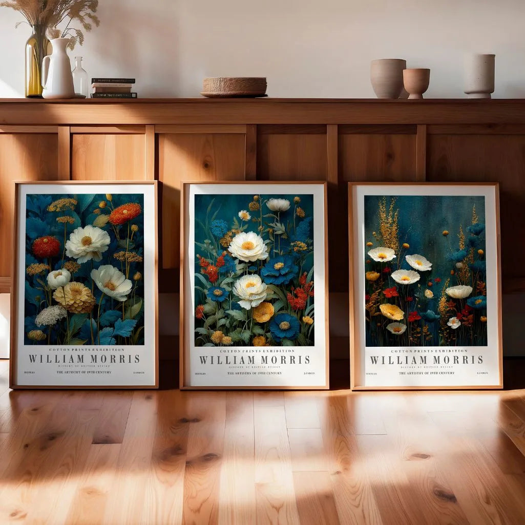 Poster inspiriert von William Morris – Set aus 3 Stück „Blauer Garten und Goldene Blumen”