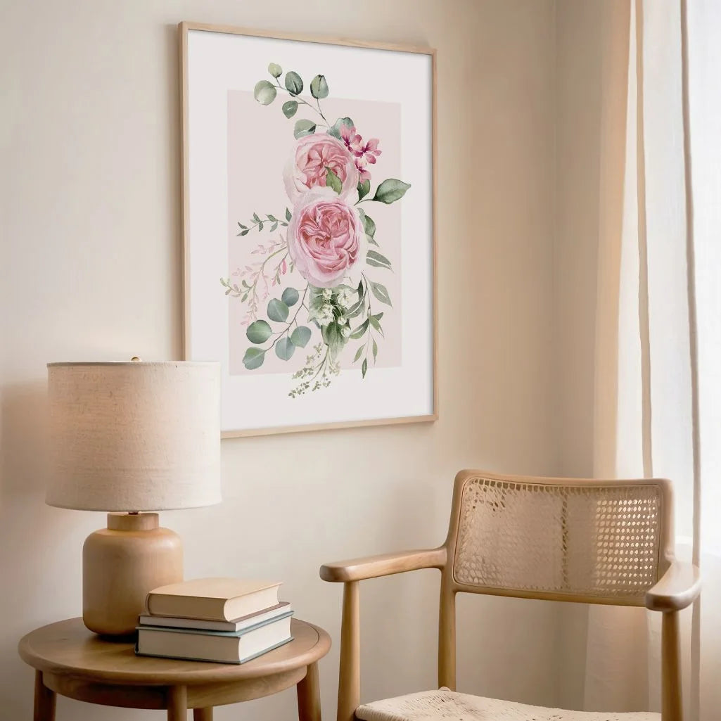 Poster mit pastellfarbenen Rosen und Eukalyptus